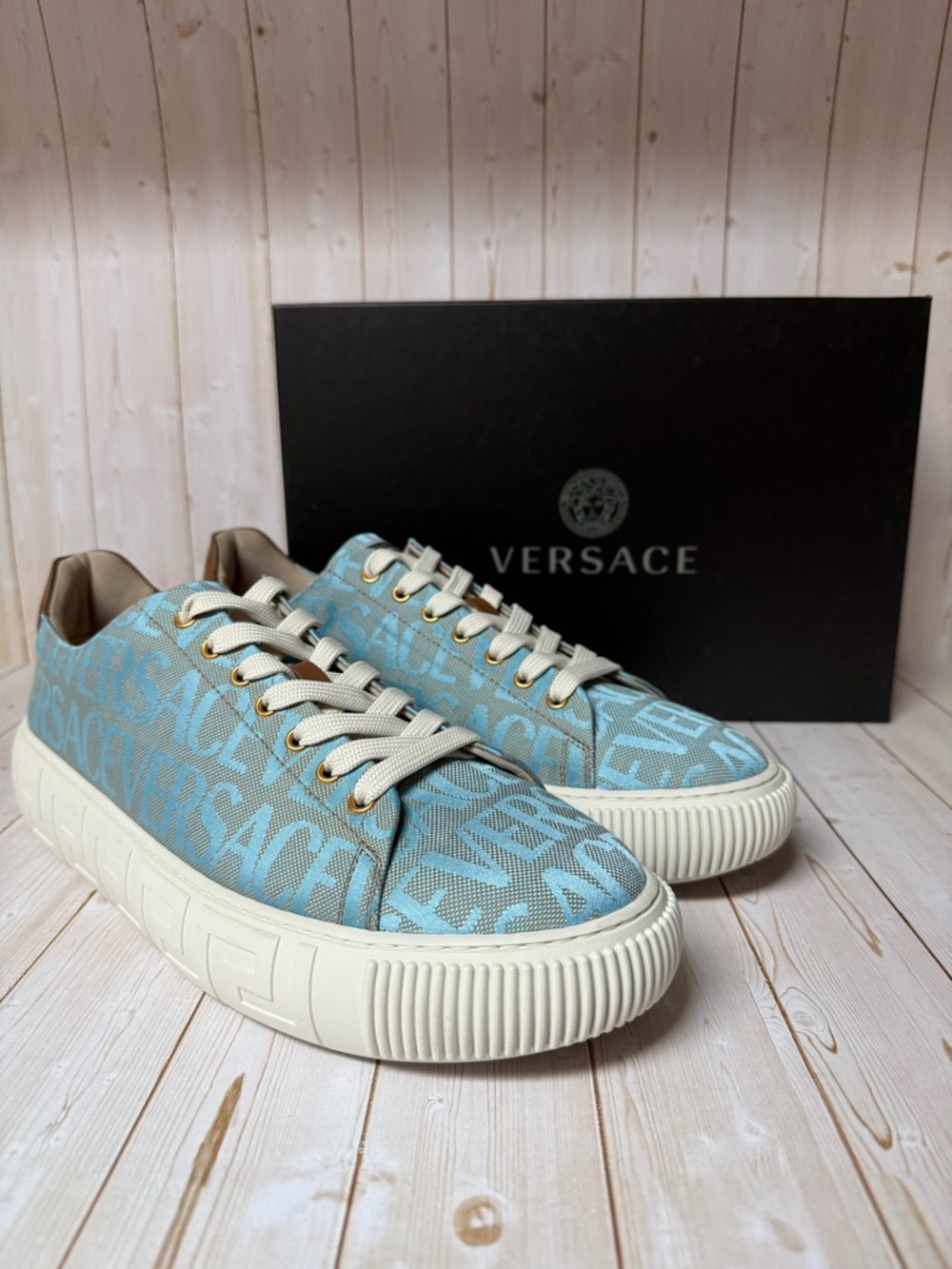 Versace Greca Low-Top Logo Canvas Sneakers Beige/Light Blue Sz 45 / 12